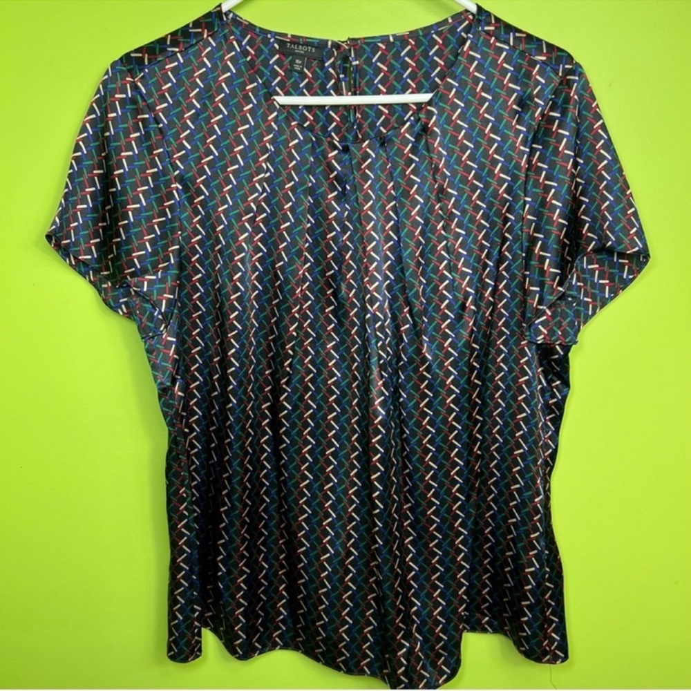 Talbots Cap Sleeve Blouse Silk multicolored Geometric Pattern size 16p